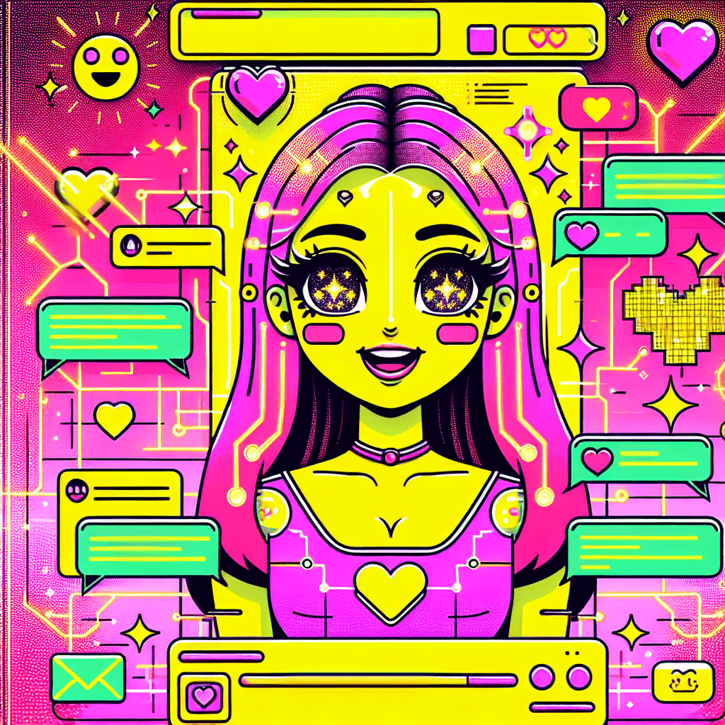 Vibrant featured image for a blog about how to use Replika for personalized AI girlfriend experiences, featuring a cartoonish AI girlfriend with sparkling eyes and a friendly smile, set against a neon pink and bright yellow geometric backdrop, embellished with digital hearts, chat bubbles, and personalized message icons.