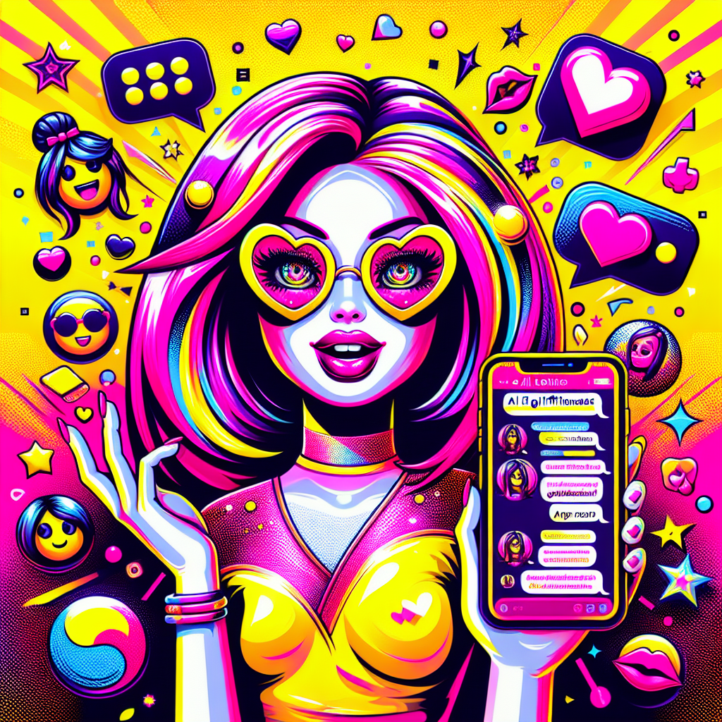 AI girlfriend character with vibrant Neon Pink hair and playful expression, holding a smartphone displaying heart and smiley icons, set against a bright gradient background of Neon Pink and Bright Yellow; includes customizable outfit icons and the text “How to Use SoulFun for Personalized AI Girlfriend Experiences” in bold Black font with Bright Yellow highlights, surrounded by fun elements like stars and sparkles, embodying the lively spirit of the All My Love brand.