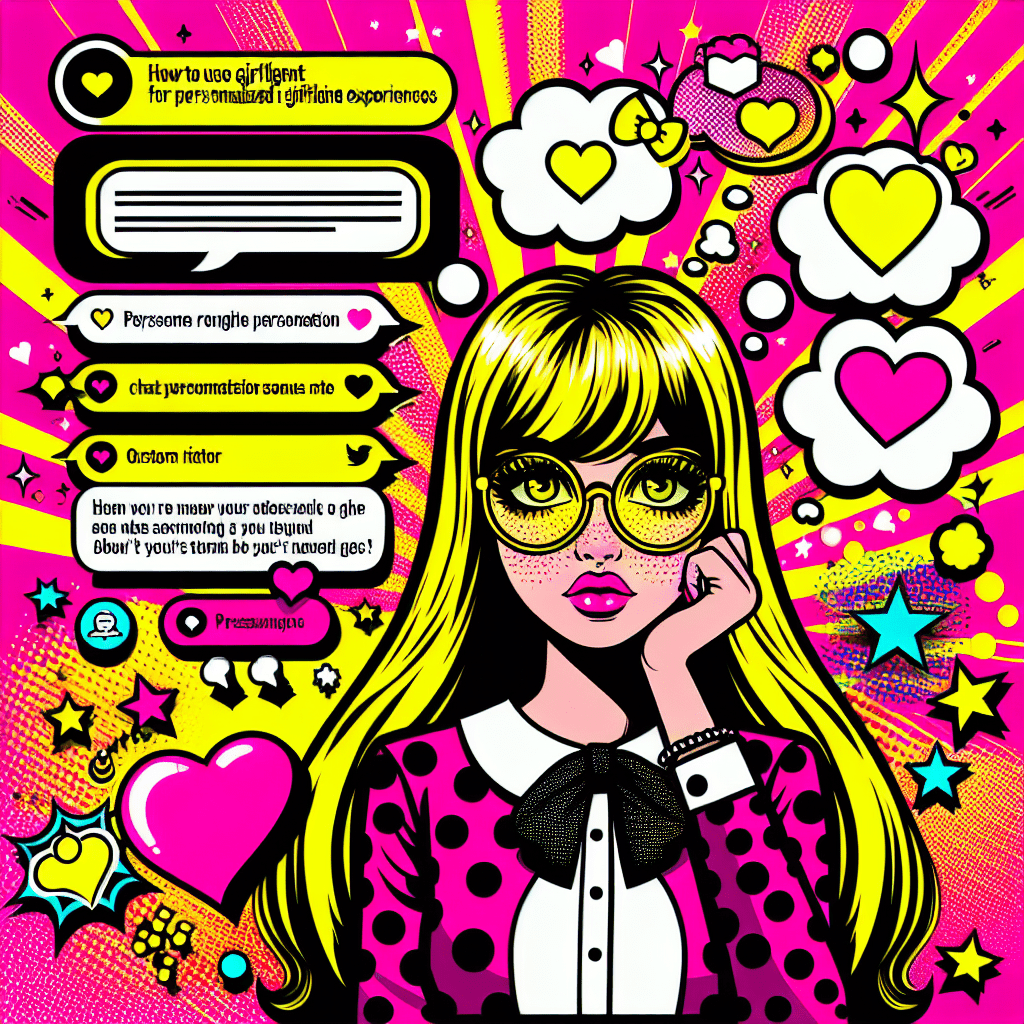 Vibrant neon pink background with swirling yellow patterns featuring a cartoon AI girlfriend character smiling with oversized glasses, surrounded by thought bubbles with icons of hearts, chat bubbles, and custom emojis. The title "How to Use SpicyChat for Personalized AI Girlfriend Experiences" is displayed in bold, playful typography, curving around the character, emphasizing the playful and personalized nature of the AI interaction.