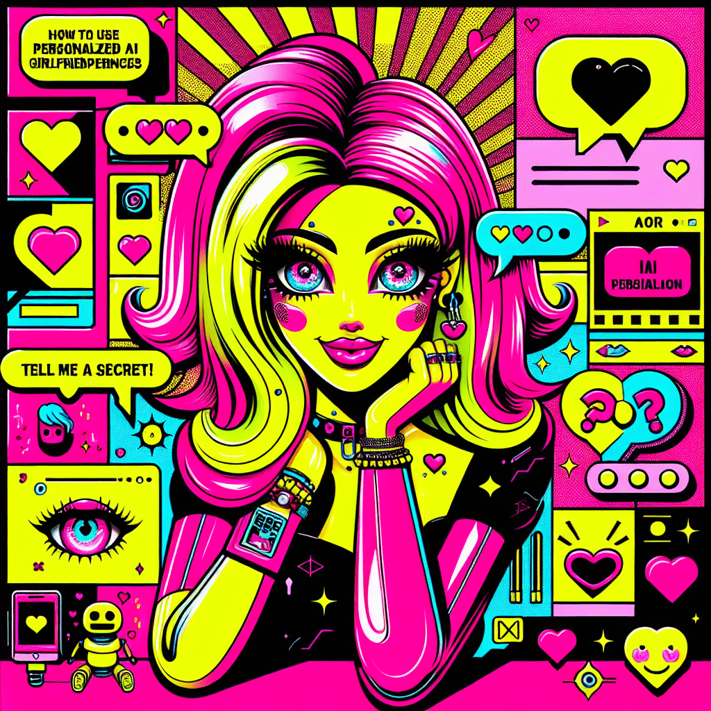 Vibrant pop-art style image featuring a friendly cartoonish AI companion with neon pink hair and bright yellow accessories, surrounded by hearts, speech bubbles, and tech elements, illustrating the blog theme on how to use Virtual Mate for personalized AI girlfriend experiences