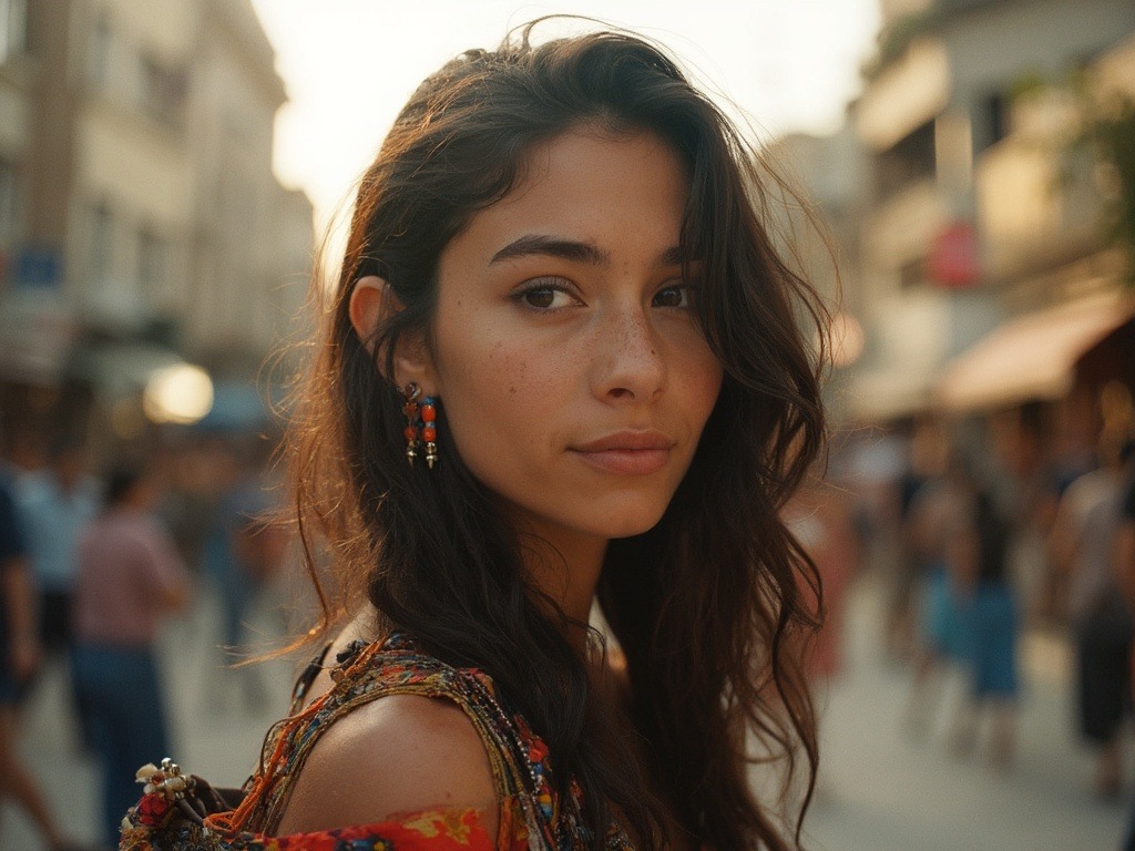 Photograph of a 24-year-old Egyptian girl with slim build and distinct features like dimples and freckles