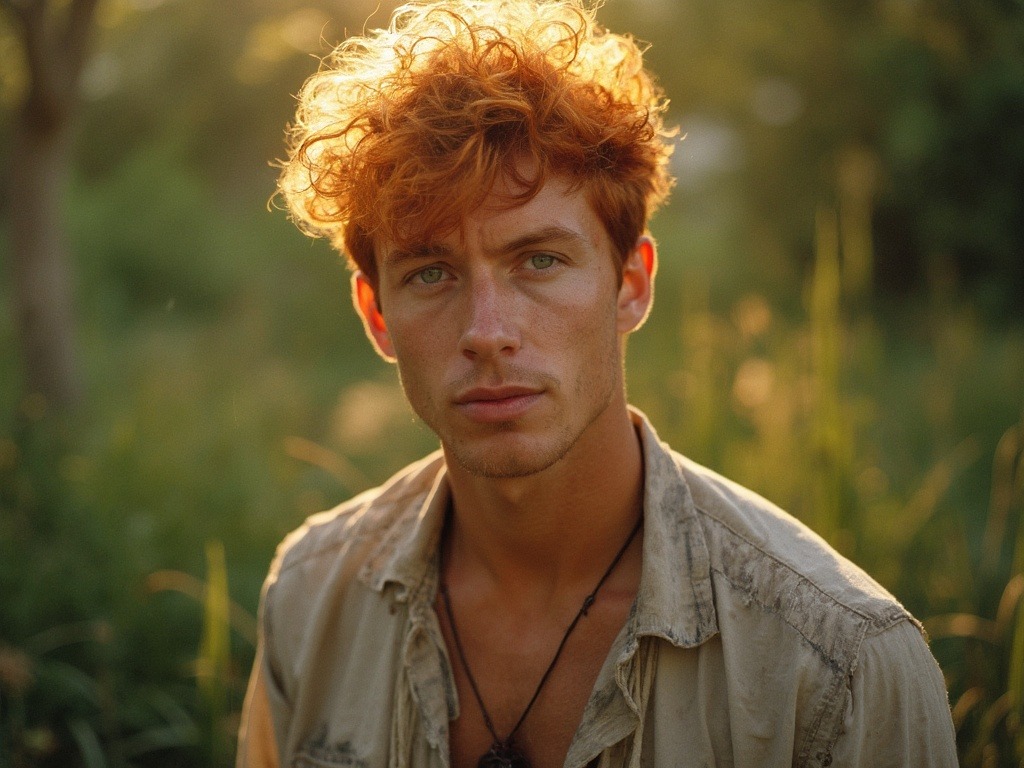 Ultra-realistic photo capturing a 34-year-old male with striking blue eyes and vibrant red hair