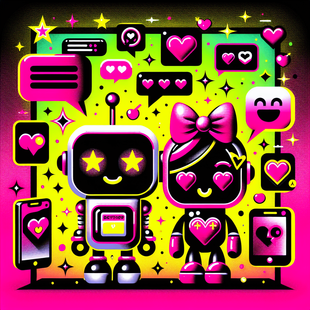 Vibrant gradient background in Neon Pink and Bright Yellow featuring cartoonish AI companions, a friendly robot in Black and White and a Neon Pink anthropomorphic heart with accessories, surrounded by playful thought bubbles with emojis and digital gadgets, prominently displaying the title "LovePalz Review" and the tagline "Enhancing Virtual Relationships with AI," capturing the fun and lively essence of LovePalz review: Enhancing virtual relationships.