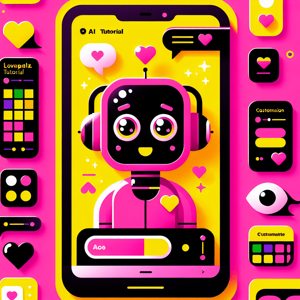 Bright yellow background featuring a cartoonish AI companion design in neon pink and black, with large expressive eyes and playful accessories like oversized headphones. Surrounded by customization tools, color palettes, and fun icons, the image includes a mobile screen displaying personalization options. Bold playful typography presents the title “LovePalz tutorial: How to customize AI companions for better engagement” in pop-art style. Cartoon elements like speech bubbles filled with love-themed emojis enhance the fun and engaging atmosphere.