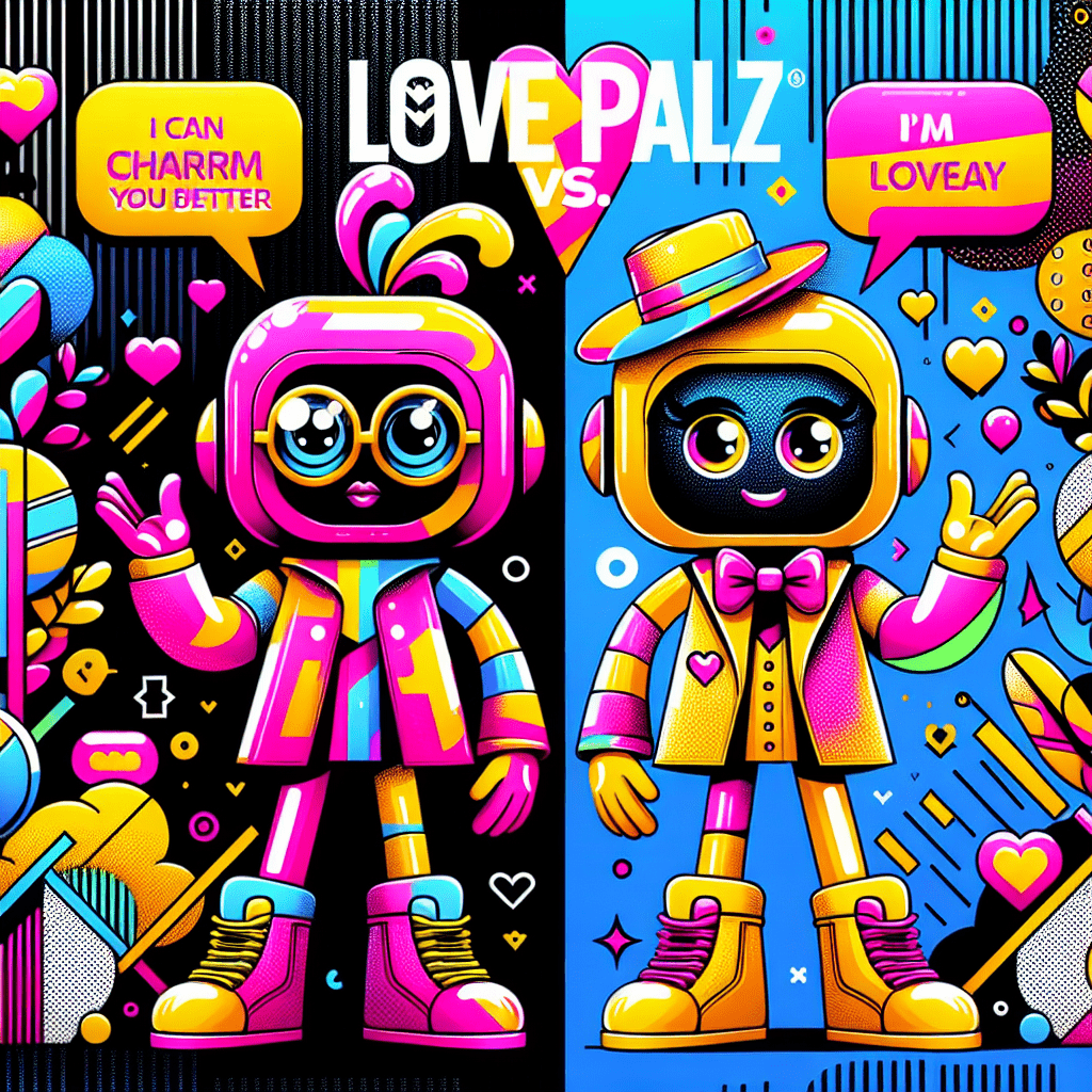 Dynamic illustration of quirky AI companions in Neon Pink and Bright Yellow standing back-to-back, set against bold black and white patterns, representing the blog 'LovePalz vs. LovePalz: Which is best for AI-driven relationships?' with playful speech bubbles and colorful icons, capturing the competitive and personalized nature of AI relationships.