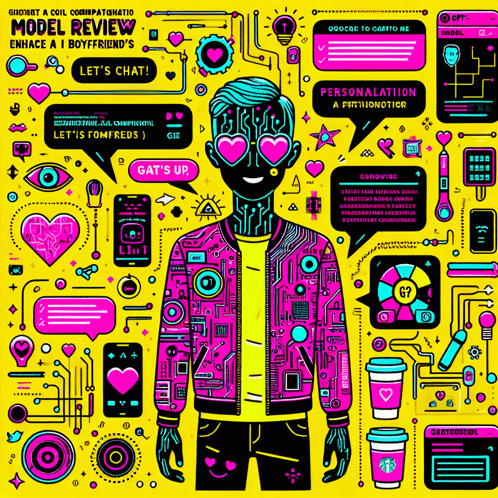 Cartoonish AI boyfriend character on a vibrant yellow background, featuring a playful expression and colorful outfit in neon pink and black, surrounded by speech bubbles and tech symbols, symbolizing personalized interactions in the blog Model review: Using GPT-4 to enhance AI Boyfriend's AI girlfriend interactions