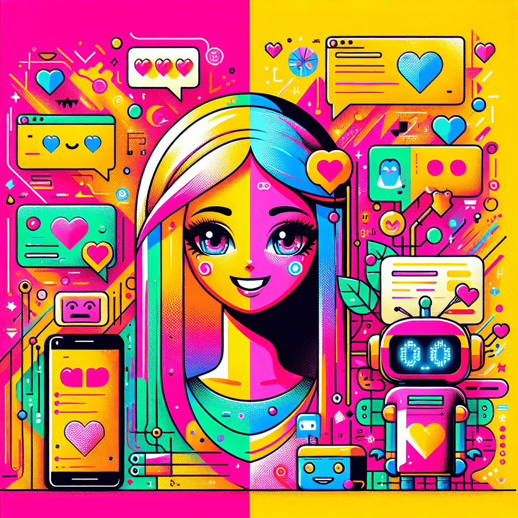 Vibrant pop-art illustration for blog "Model review: Using GPT-4 to enhance AI Friend's AI girlfriend interactions" featuring a cheerful AI girlfriend with expressive eyes, floating chat bubbles with emojis, and playful gadgets against a neon pink and bright yellow background, all reflecting the lively 'All My Love' brand style.