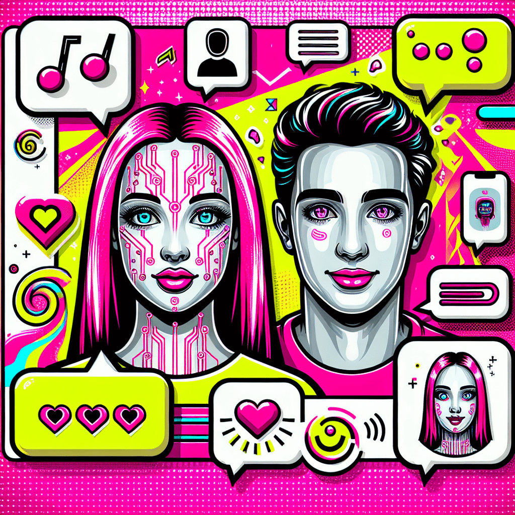 Vibrant neon pink and bright yellow pop-art style illustration featuring a cartoonish male and female character, representing AI girlfriend and companion, showcasing playful interactions with speech bubbles. The AI girlfriend has exaggerated features and robotic elements, surrounded by glowing AI graphics and personalized touches, capturing the essence of the blog "Model review: Using GPT-4 to enhance AI Girlfriend's interactions."