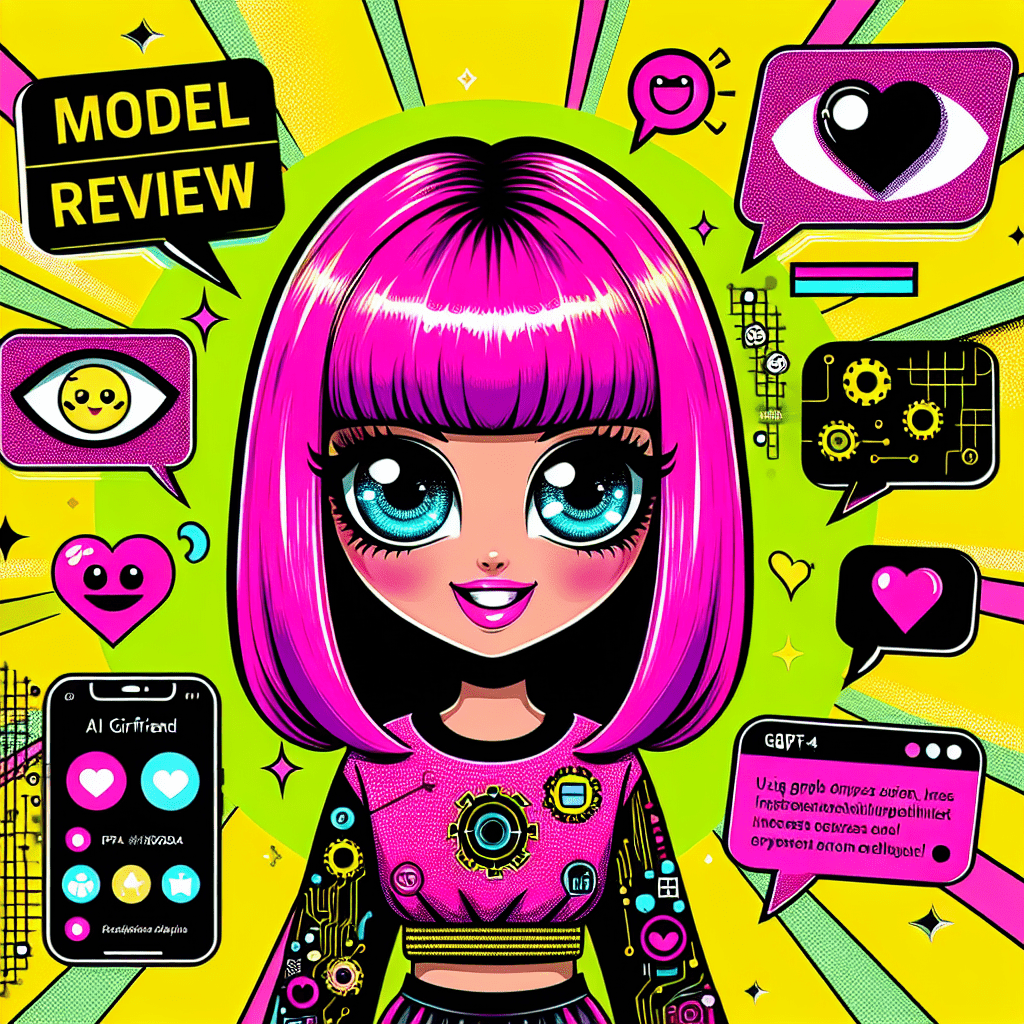 Vibrant pop-art style image featuring a playful AI girlfriend character with neon pink hair and expressive eyes against a bright yellow background, surrounded by whimsical AI elements like speech bubbles and emojis. The title "Model Review" in bold pink and yellow is prominently displayed, accompanied by the subtitle "Using GPT-4 to enhance Candy.ai's AI girlfriend interactions," all reflecting the fun essence of the All My Love brand.