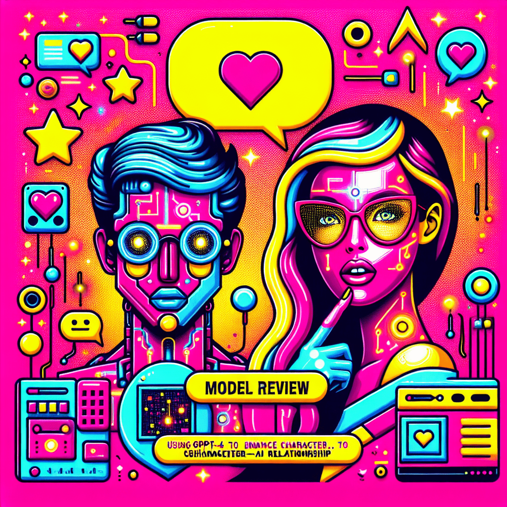 Vibrant pop-art style illustration for a blog titled Model review: Using GPT-4 to enhance Character.ai's AI girlfriend interactions, featuring a bright Neon Pink background, two cartoonish characters representing GPT-4 and a user, playful speech bubbles, colorful circuit designs, and bold text elements that emphasize connection and interaction.