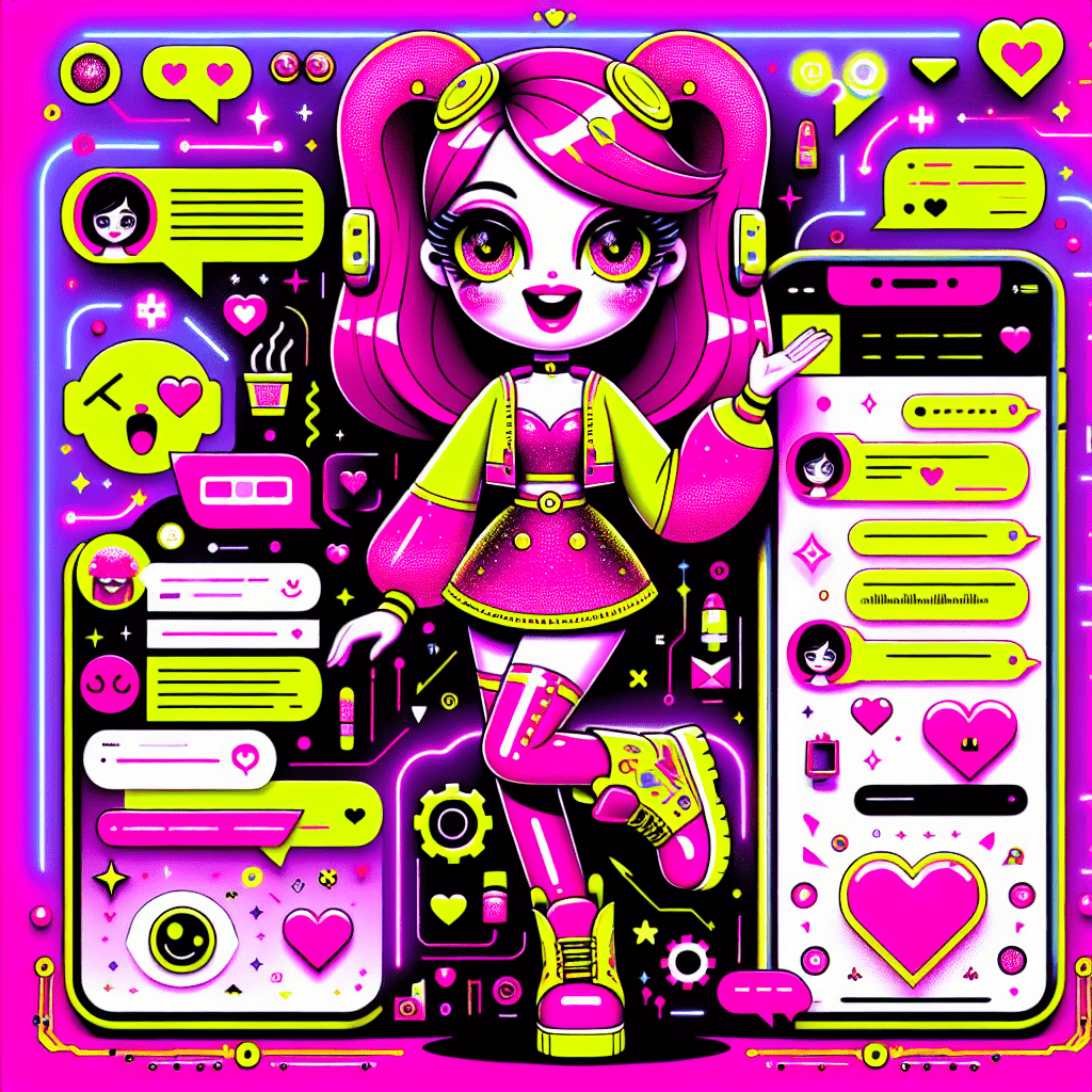 Bright neon pink background featuring a playful cartoon AI girlfriend with yellow accents and large expressive eyes beside a smartphone displaying chat bubbles. The scene includes whimsical AI elements like gears, framed by a heart shape with doodles of stars, embodying the essence of the All My Love brand. Text reading Model review: Using GPT-4 to enhance Crushon.ai's AI girlfriend interactions is prominently displayed in bold, playful font, alternating between neon pink and bright yellow.