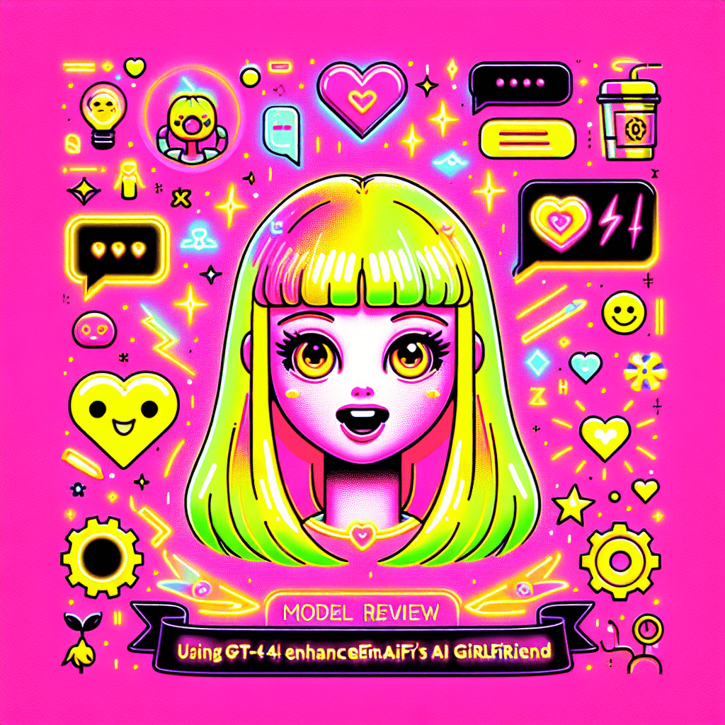 Cartoonish AI girlfriend character with bright yellow hair and cheerful expressions on a vibrant neon pink background, surrounded by playful icons like hearts and chat bubbles. The bold white text reads "Model review: Using GPT-4 to enhance DreamGF.ai's AI girlfriend interactions", emphasizing the technology and personalization of AI companionship with fun decorative elements like lightning bolts and stars.