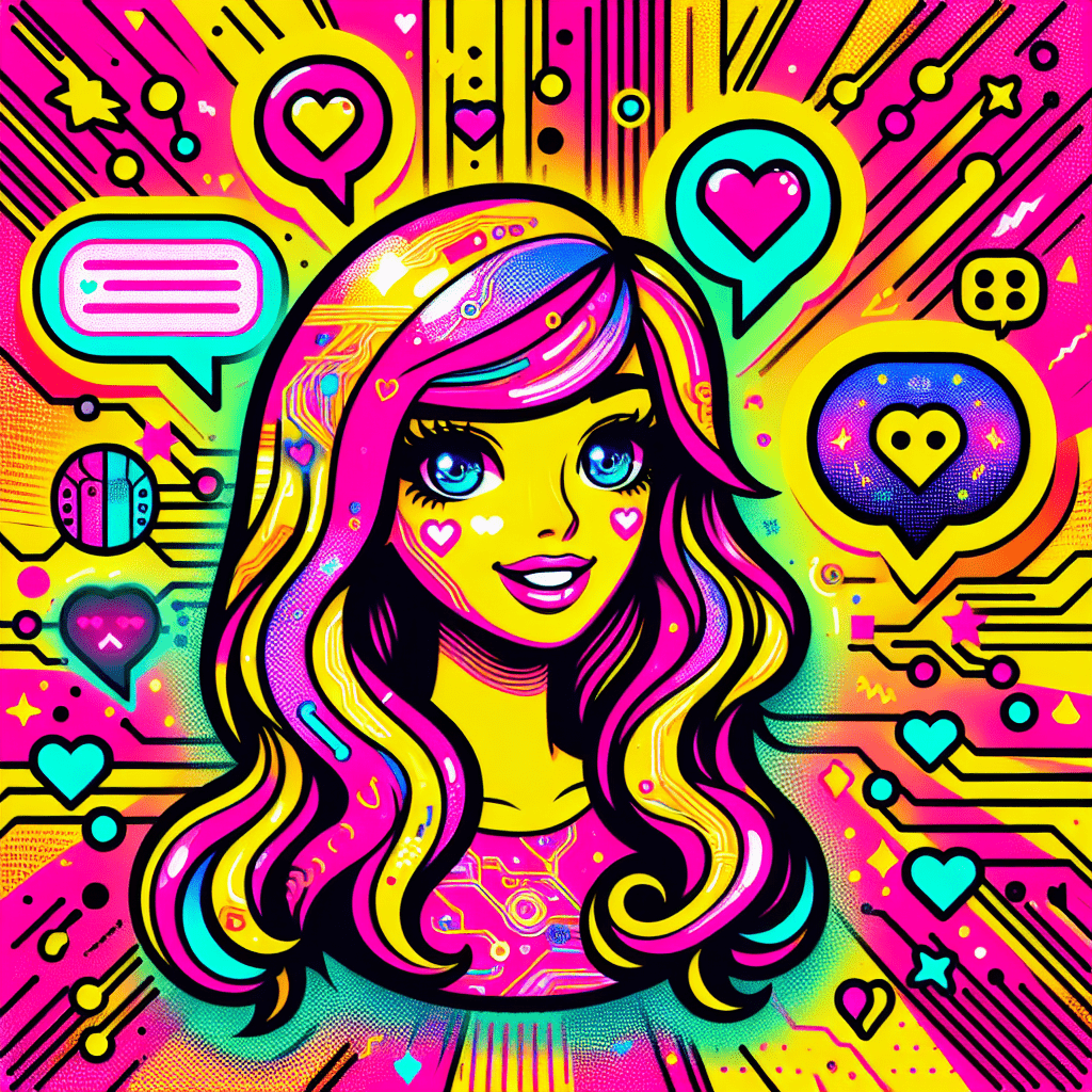 Vibrant pop-art illustration featuring a cartoonish AI girlfriend character with neon pink hair and a warm smile, surrounded by playful tech elements like heart-shaped circuit patterns and colorful holograms, with the bold title "Model review: Using GPT-4 to enhance LovePalz's AI girlfriend interactions" prominently displayed against a neon pink gradient background.