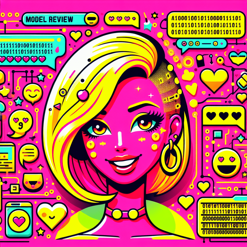 Playful cartoon AI girlfriend character with vibrant hair and smile on a bold Neon Pink background, surrounded by bright Yellow geometric shapes, binary code elements, and personalized symbols like hearts and chat bubbles, illustrating the blog titled Model review: Using GPT-4 to enhance Muah.ai's AI girlfriend interactions in a whimsical and vibrant style.