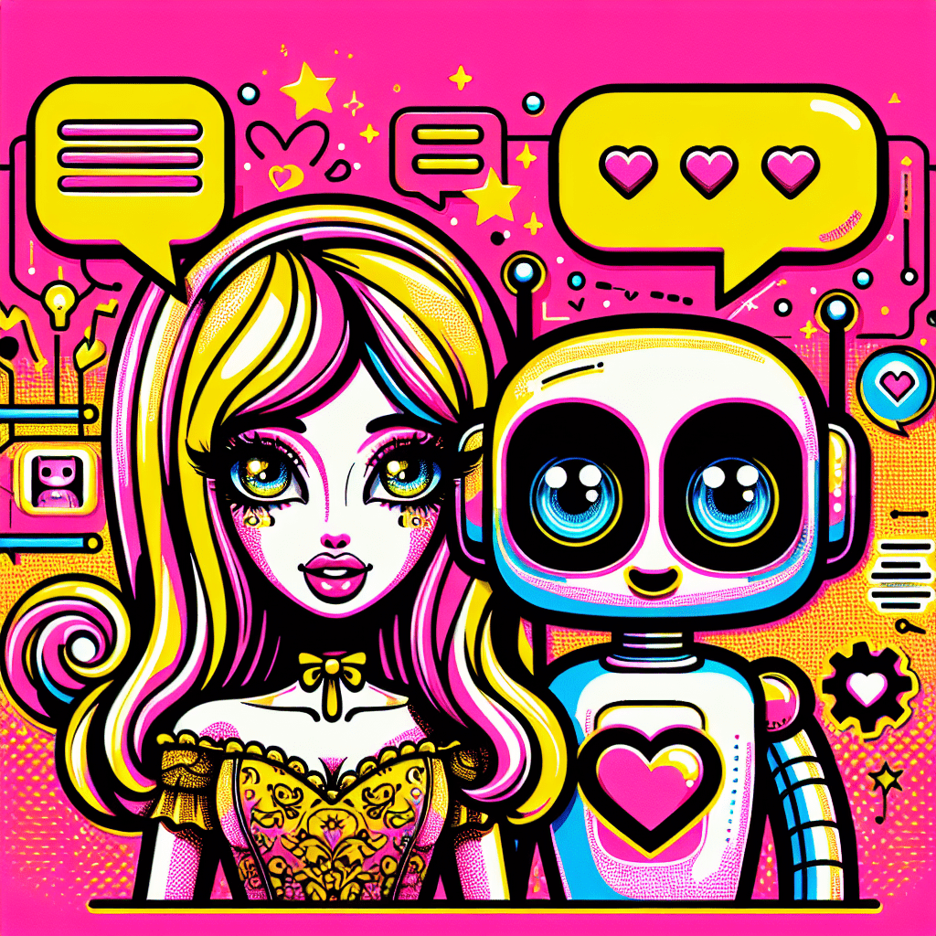 Vibrant pop-art illustration featuring a cute cartoon AI girlfriend with bright yellow accents, a friendly expression, and a whimsical GPT-4 robot, set against a neon pink background. Playful elements like chat bubbles with heart icons and the speech bubble "Let's create together!" highlight the theme of companionship. This image embodies the spirit of the blog "Model review: Using GPT-4 to enhance ProjectX.AI's AI girlfriend interactions" with a fun, youthful aesthetic.