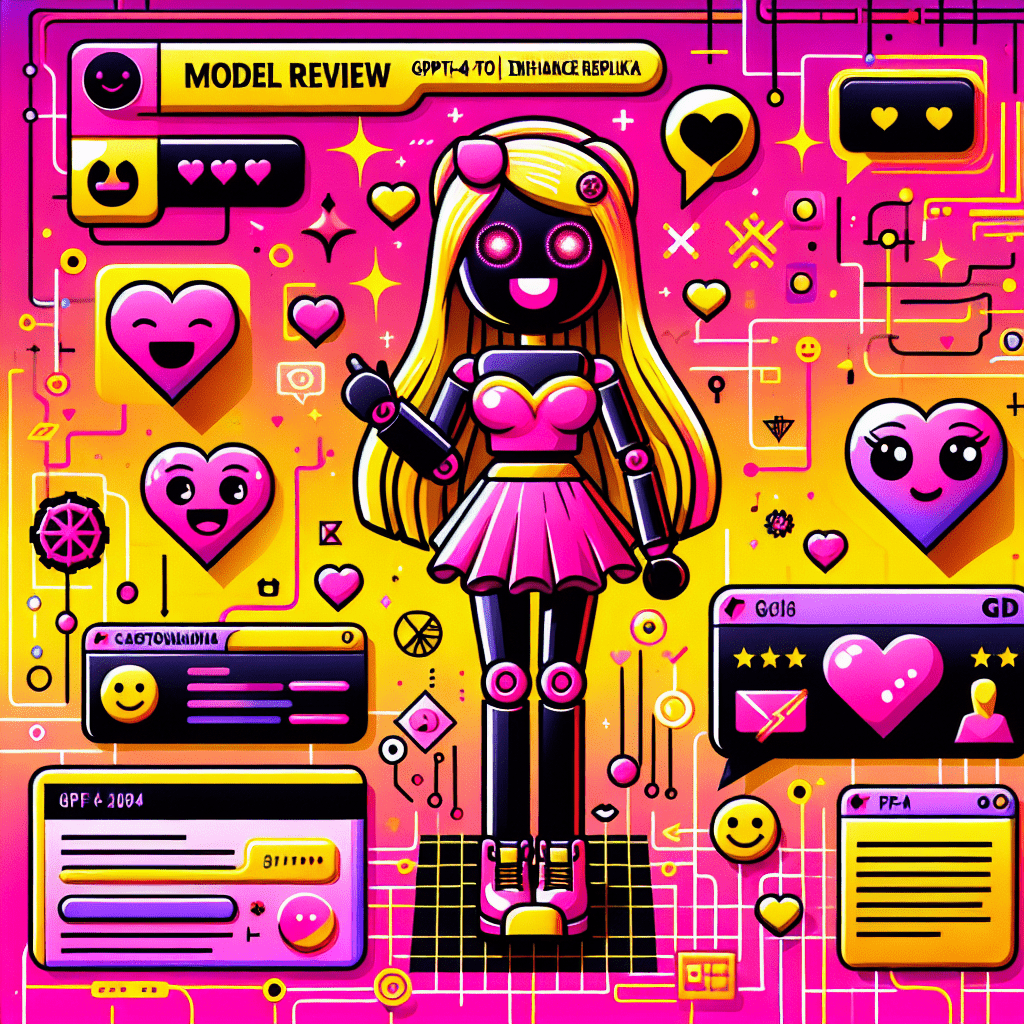 Vibrant featured image for a blog post titled "Model review: Using GPT-4 to Enhance Replika's AI Girlfriend," showcasing playful cartoon characters, digital hearts, chat bubbles, and customizable features representing AI companionship, all set against a Neon Pink and Bright Yellow gradient background with a pop-art style font displaying the blog title.