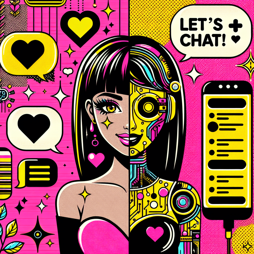 Cartoonish AI girlfriend with a friendly wink, vibrant Neon Pink and Bright Yellow outfit, set against a split background, next to a heart-shaped device displaying playful chat phrases. Whimsical sparkles and colorful hearts float around, embodying a fun and energetic essence, enhancing the blog titled Model review: Using GPT-4 to enhance SoulFun's AI girlfriend interactions.