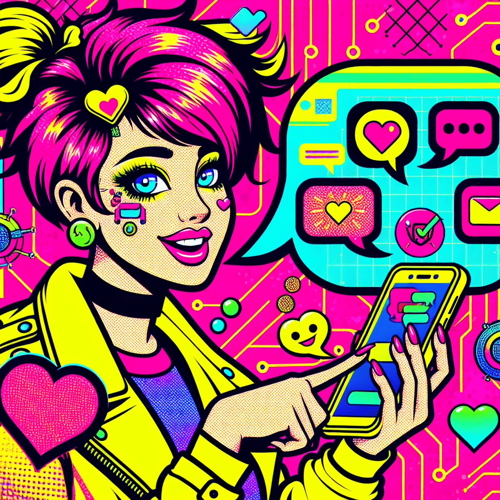 Vibrant pop-art style image for the blog post Model review: Using GPT-4 to enhance SpicyChat's AI girlfriend interactions, featuring a cartoon AI girlfriend with a quirky hairstyle in a bright yellow outfit against a neon pink background, surrounded by tech motifs and playful chat bubbles that emphasize personalization and joy.