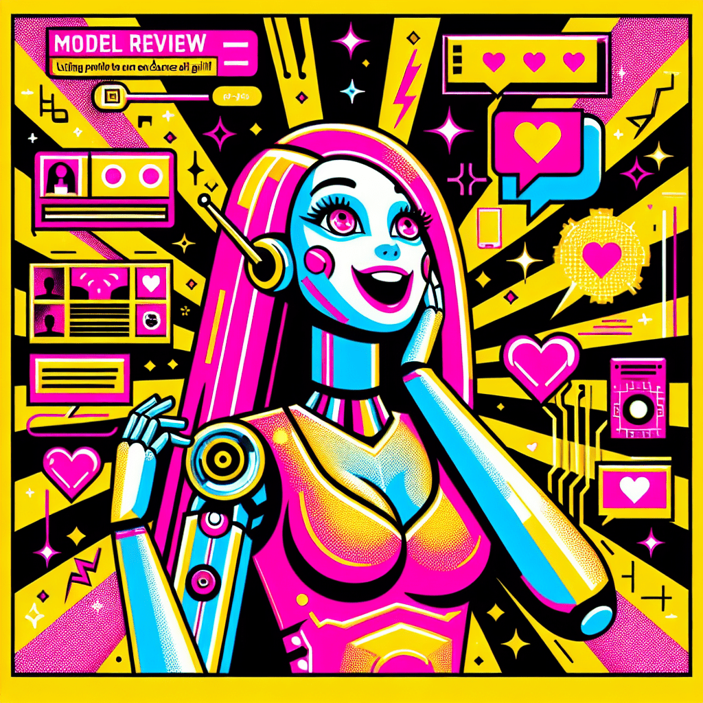 Cartoonish female AI companion with playful expression against a bright yellow background, featuring neon pink geometric shapes, circuits, and hearts, embodying a youthful pop-art style. Text reads 'Model review: Using GPT-4 to enhance Virtual Mate's AI girlfriend interactions' in bold neon pink, symbolizing vibrant AI companionship.