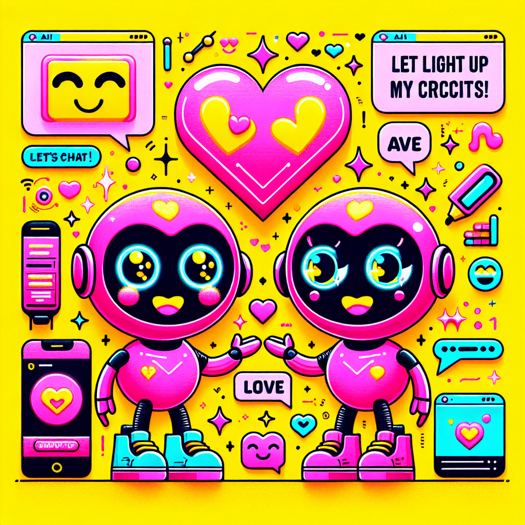 Vibrant pop-art style featured image for the blog 'Muah.ai Review: Enhancing Virtual Relationships with AI', featuring cartoon AI characters with big eyes and smiles, large neon pink hearts and playful speech bubbles, bright yellow background, and modern typography with the blog title and tagline, reflecting a cheerful and tech-savvy atmosphere.