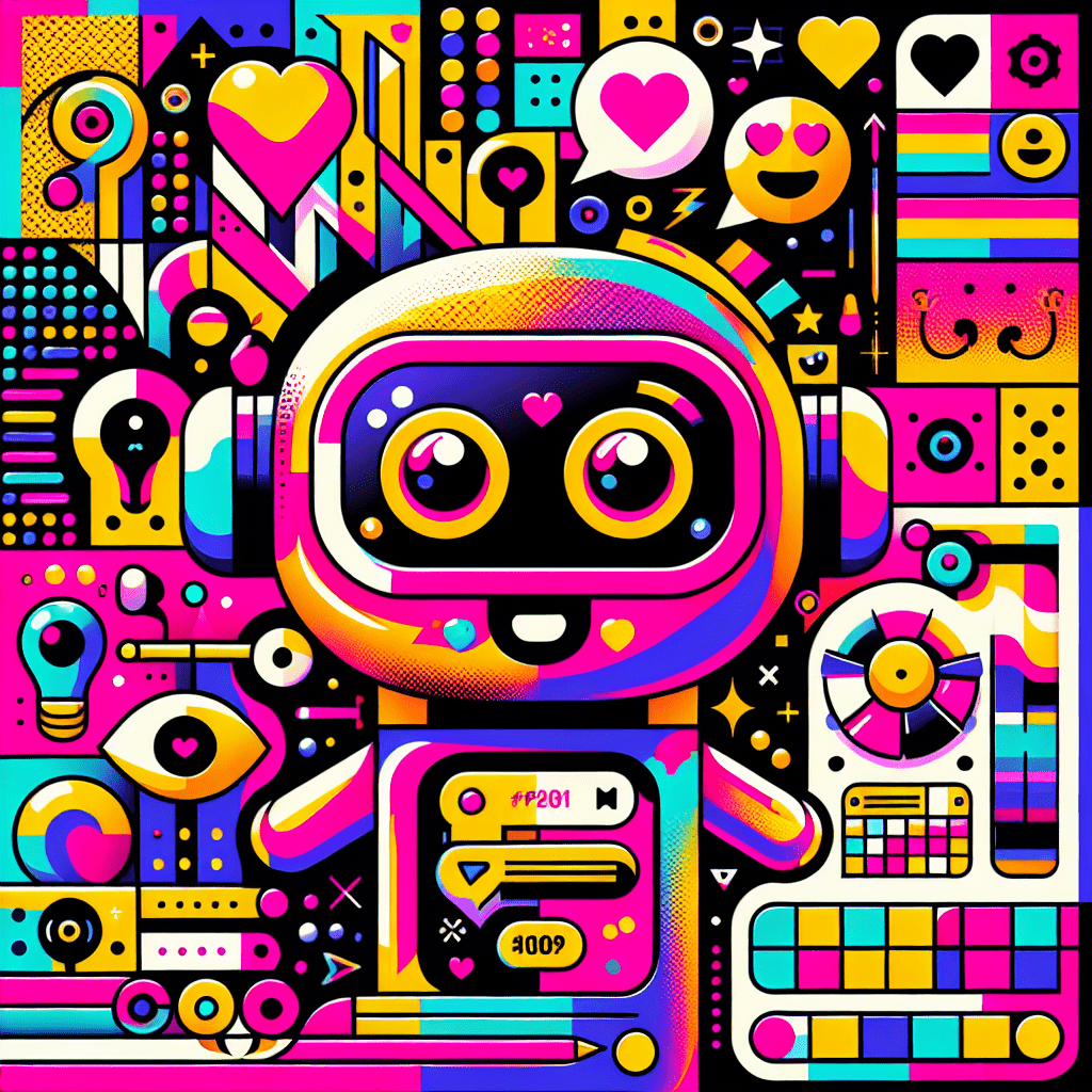 Vibrant pop-art styled image for the Muah.ai tutorial: How to customize AI companions for better engagement, featuring a colorful AI companion resembling a cute robot with big eyes and a smile in Neon Pink and Bright Yellow, surrounded by fun customization elements like a color palette, accessories, and interactive icons, set against a bright white background.