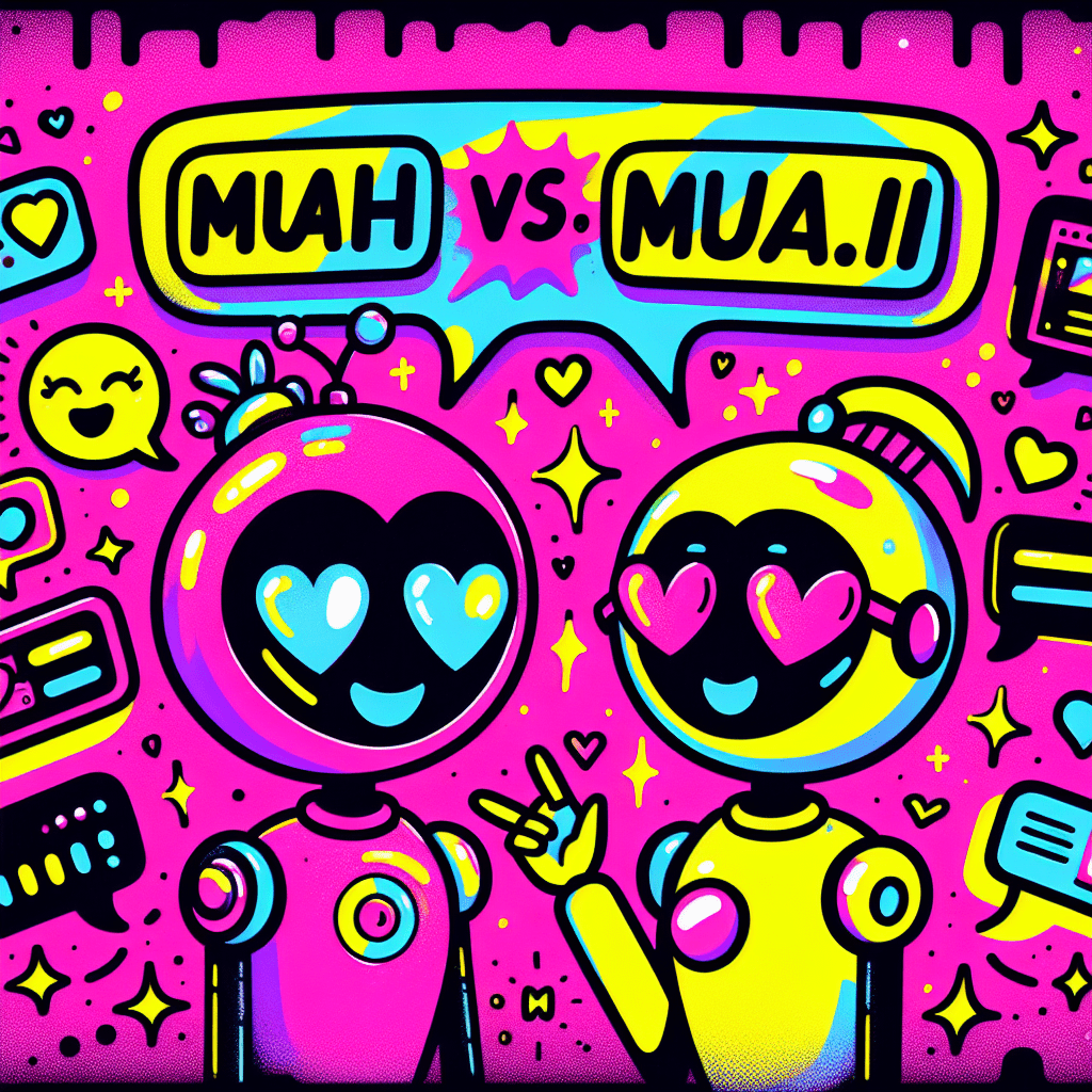 Vibrant neon pink background featuring bold title "Muah.ai vs. Muah.ai" in bright yellow with black outline, playful AI characters embodying 'Muah.ai' with exaggerated expressions, heart-shaped antennas, and cheerful accessories, surrounded by whimsical icons and speech bubbles, encapsulated in a black border with white doodles, illustrating the theme of ‘Muah.ai vs. Muah.ai: Which is best for AI-driven relationships?’