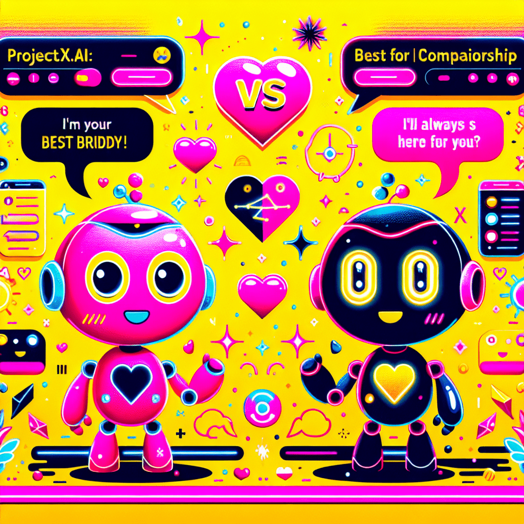 Vibrant pop-art style image featuring two cartoon-style AI characters in neon pink and black and white, playfully facing each other against a bright yellow background. Speech bubbles above each character express companionship with fun phrases, surrounded by colorful icons like heart emojis and chat bubbles. The blog title ‘ProjectX.AI vs. ProjectX.AI: Which is Best for AI Companionship?’ is prominently displayed in bold, alternating colors, capturing the essence of AI-driven relationships.