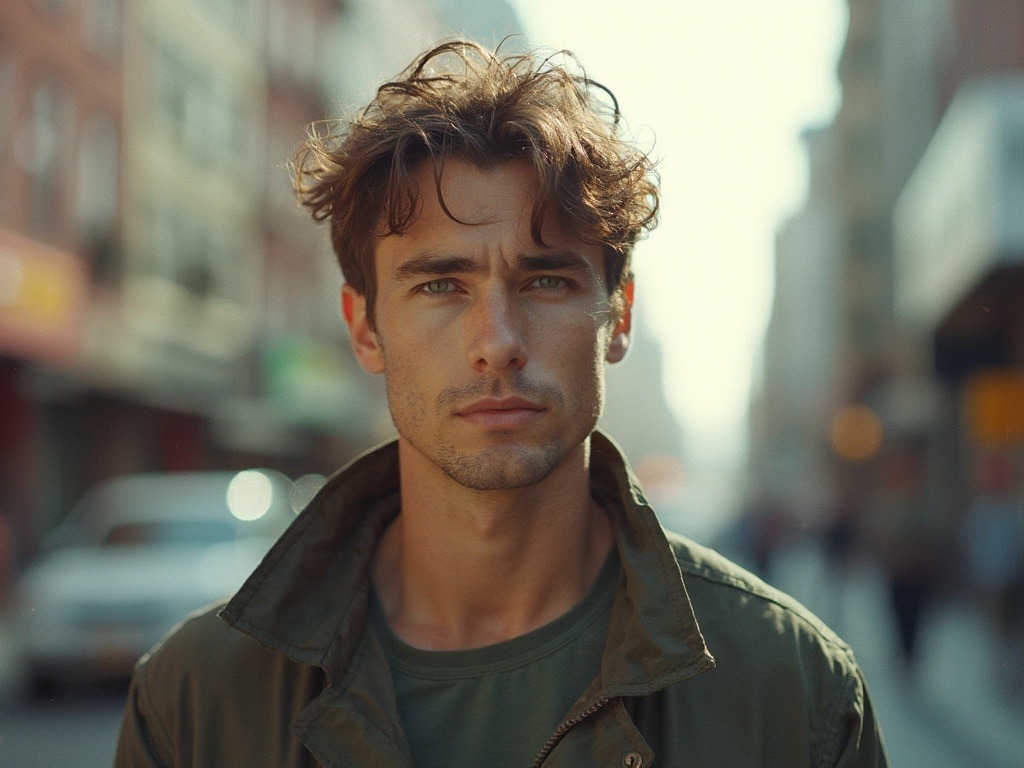 Capture a candid street-style photograph of a 33-year-old Australian man with an average yet muscular build and green eyes. His brown hair has a casual