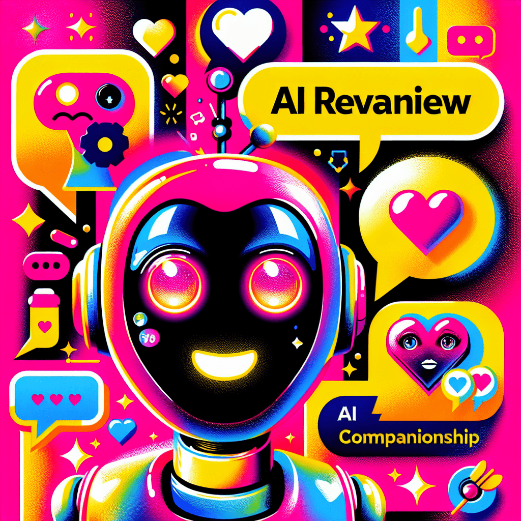 AI companion character with large expressive eyes and a bright smile on a bold neon pink background, surrounded by speech bubbles saying "Let’s Chat!" and heart symbols, illustrating themes of connection and personalization; the title "Replika Review" is displayed in bold black with bright yellow highlights, and the subtitle "Enhancing Virtual Relationships with AI Companionship" in whimsical white font, capturing the essence of vibrant AI companionship in a playful pop-art style. Replika review: Enhancing virtual relationships