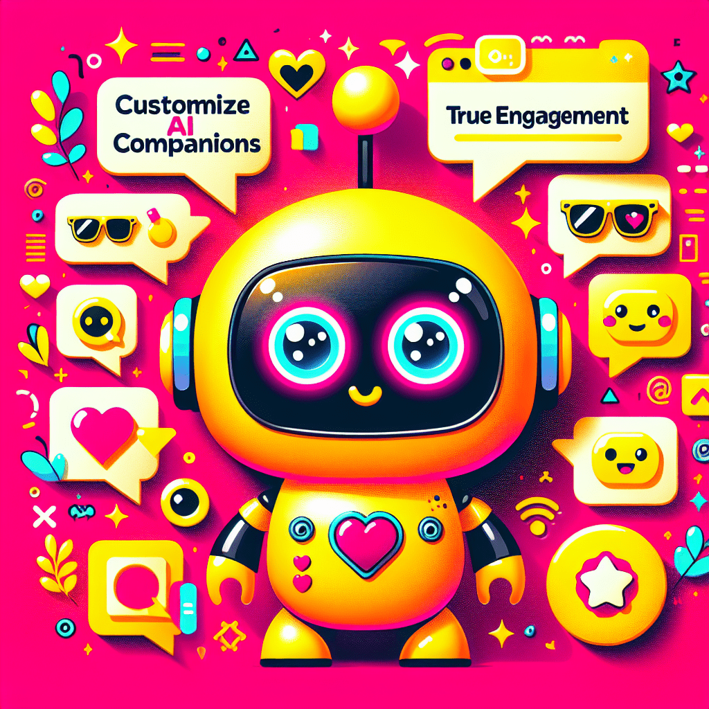 Neon pink background featuring a cartoonish AI companion character with a friendly face in bright yellow, customizable clothing, and fun accessories, surrounded by speech bubbles, heart icons, and stars. The title "Replika Tutorial" is prominently displayed in bold white font, with "Customize AI Companions for True Engagement" below on a black banner. This vibrant image illustrates the Replika tutorial: how to customize AI companions for better engagement in a playful, engaging style.