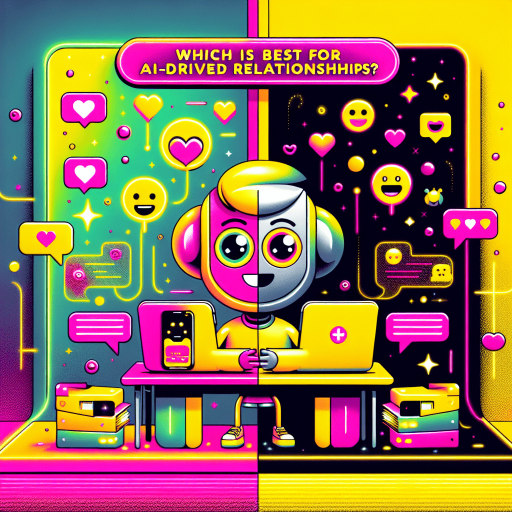 Vibrant split-image contrasting two cartoonish AI characters representing "Replika vs. Replika: Which is best for AI-driven relationships?" with a Neon Pink and Bright Yellow gradient background, one character engaging with a smartphone and the other with a laptop, surrounded by playful icons and emojis that highlight personalization and joy.