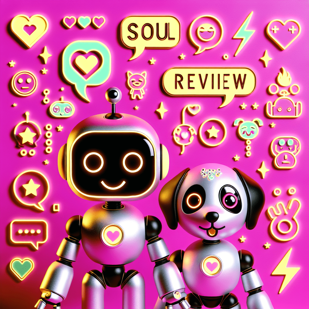 Bright Neon Pink background featuring two cartoonish AI companions—one playful humanoid robot and a colorful pet-like AI—surrounded by playful speech bubbles with hearts, stars, and lightning bolts. Bold title "SoulFun Review" in Bright Yellow and Neon Pink at the top, with the subtitle "Enhancing Virtual Relationships with AI Companionship" in a fun bubble font below. Fun icons and stylized digital devices enhance the vibrant composition, perfectly capturing the essence of the SoulFun review: enhancing virtual relationships.