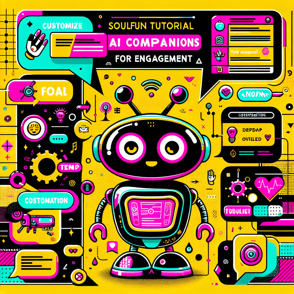 Vibrant image for SoulFun tutorial: How to customize AI companions for better engagement, featuring a cheerful Bright Yellow background with Neon Pink speech bubbles, a cartoonish AI character with expressive features, surrounded by playful icons representing personalization like hearts and stars, and dynamic text elements emphasizing the fun pop-art style.