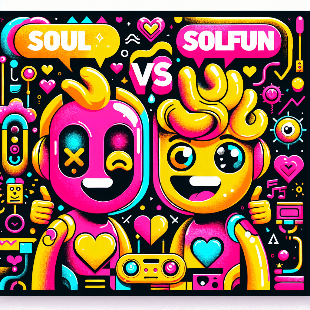 Cartoon characters representing AI companions in vibrant neon pink and yellow display exaggerated emotions against a bold black backdrop, embodying the playful spirit of 'All My Love'. The scene features speech bubbles and playful icons, illustrating a dialogue about their unique features, with the text 'SoulFun vs. SoulFun' in pop-art font. This image creatively captures the theme 'SoulFun vs. SoulFun: Which is best for AI-driven relationships?' through colorful and engaging design elements.