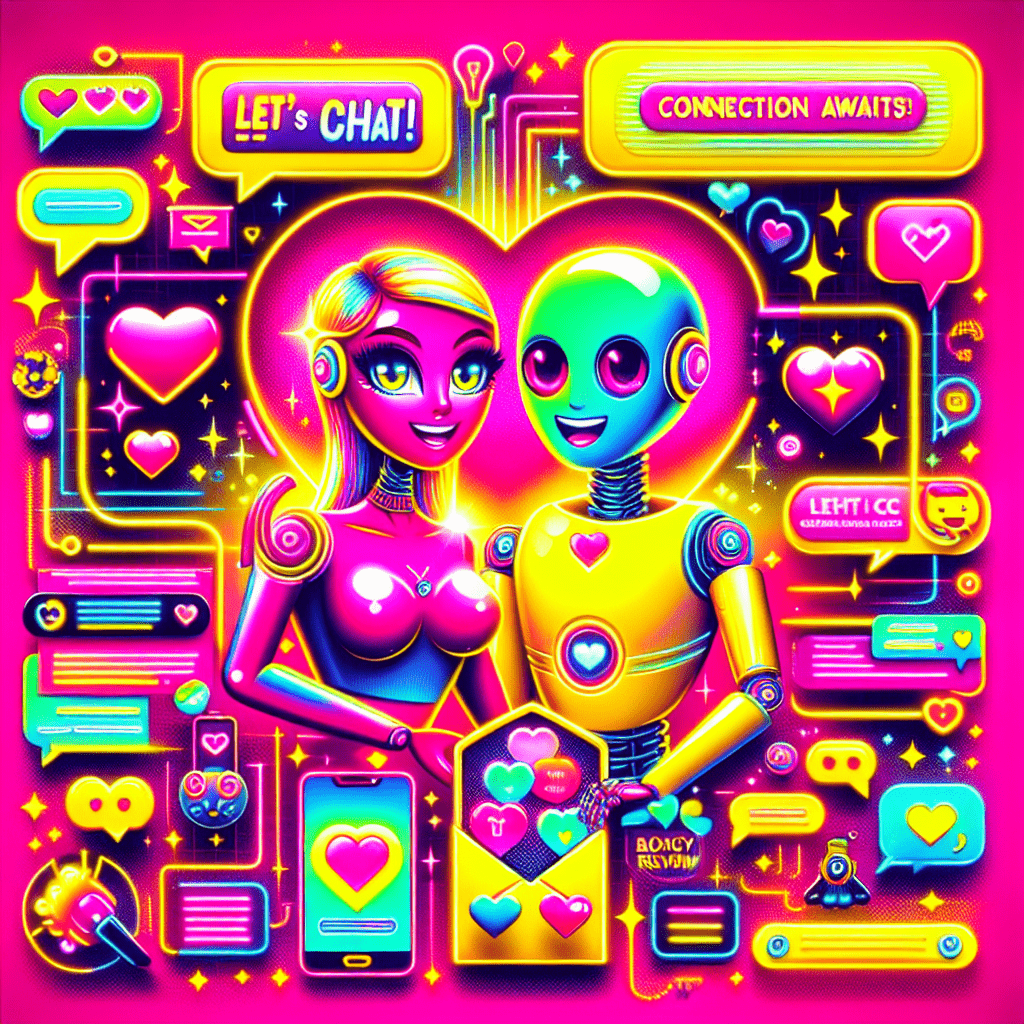 Vibrant pop-art style image for the SpicyChat review: Enhancing virtual relationships, featuring two playful AI companions with a heart-shaped head and chatbot-like face on a neon pink background, surrounded by colorful dialogue bubbles and fun icons like hearts and chat symbols, embodying the dynamic essence of lively communication.