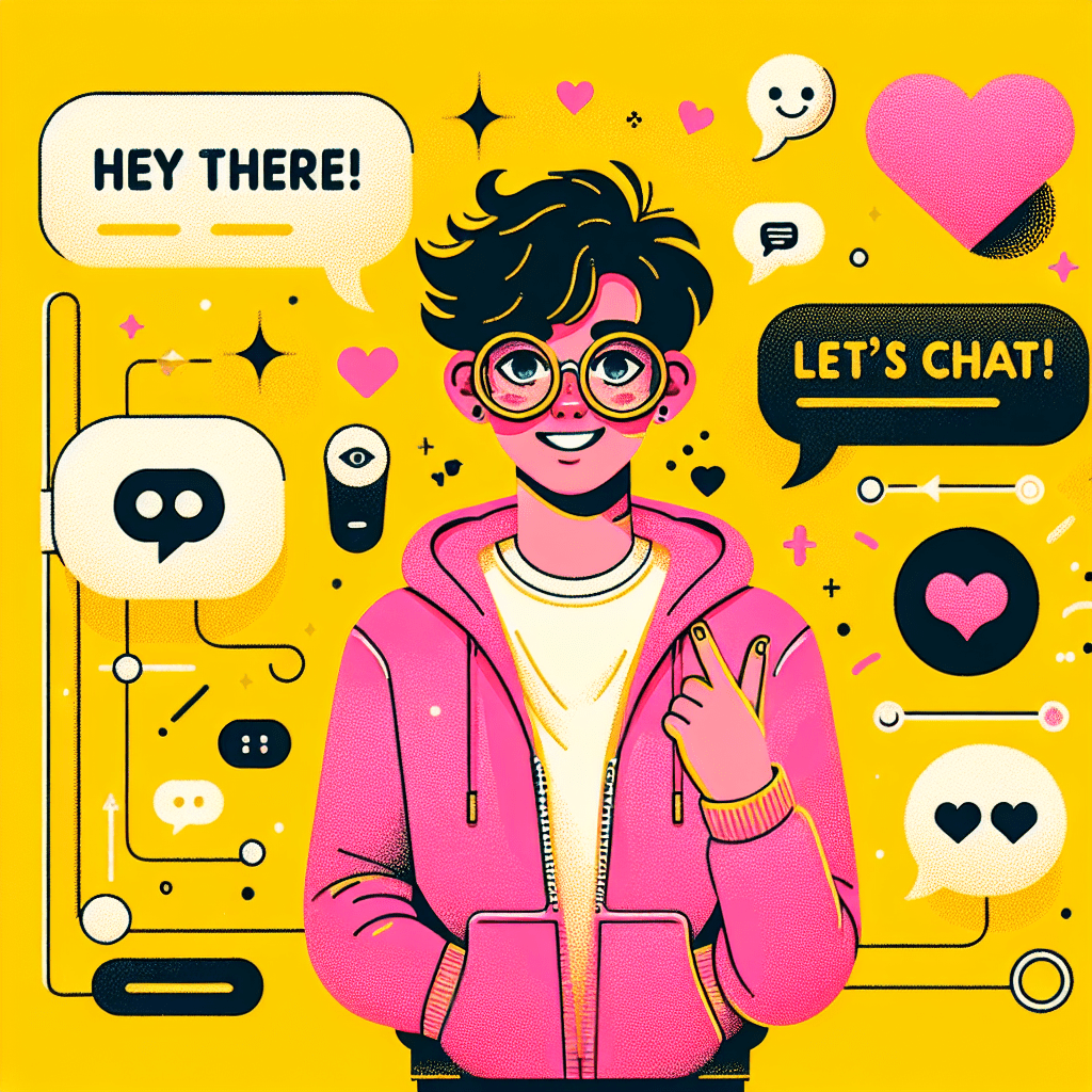 Vibrant pop-art style illustration for the blog "Step-by-Step Guide to Setting Up AI Boyfriend for AI Interactions," featuring a cartoonish AI boyfriend with oversized glasses and Neon Pink clothing against a Bright Yellow background, surrounded by playful speech bubbles and hearts, with numbered circles indicating setup stages, all framed in a fun zig-zag pattern.