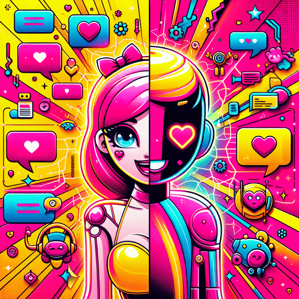 Vibrant pop-art style image illustrating a step-by-step guide to setting up AI Girlfriend for AI boyfriend interactions featuring cartoon AI characters in neon pink and bright yellow with playful expressions, colorful speech bubbles, and interactive icons like hearts and chat symbols, all designed to convey energy and excitement.