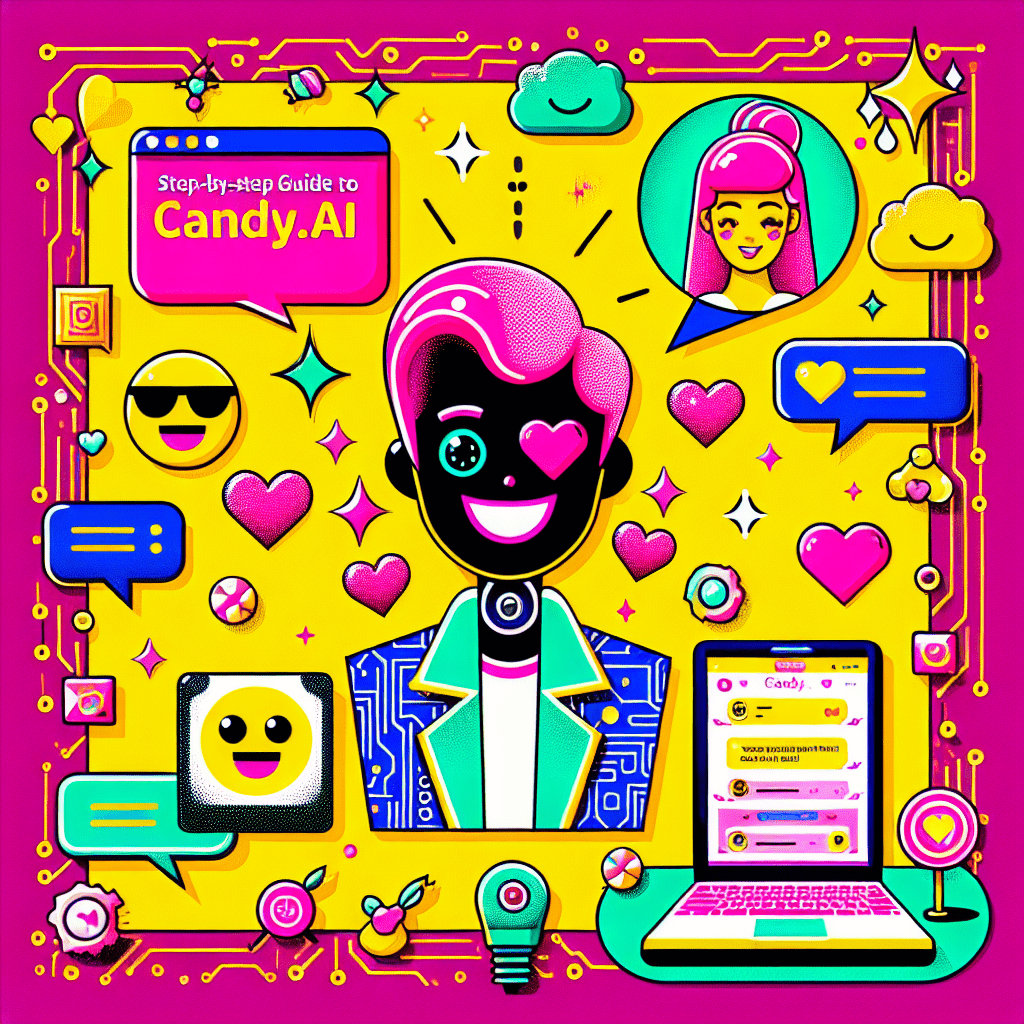 Featured image for the blog "Step-by-Step Guide to Setting Up Candy.ai for AI Boyfriend Interactions" showcasing a vibrant yellow background with a playful cartoon AI boyfriend having neon pink hair, surrounded by digital chat bubbles, emojis, and colorful icons like hearts and stars, illustrating fun and interactive AI companionship.