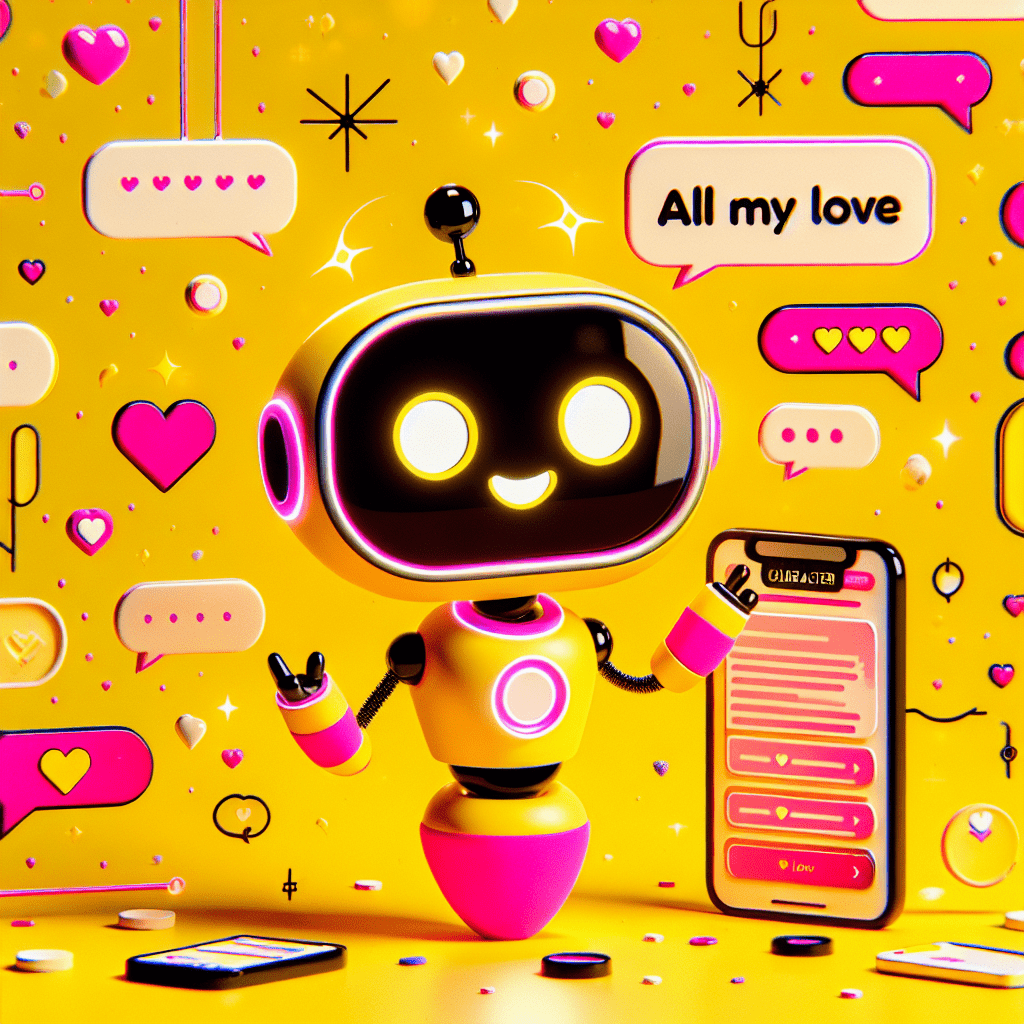 Vibrant illustration for the blog "Step-by-step guide to setting up Character.ai for AI boyfriend interactions", featuring a cheerful, cartoonish robot character interacting with a colorful Character.ai interface against a bold Bright Yellow background, adorned with playful speech bubbles, hearts, and whimsical details in Neon Pink, Black, and White, creating a fun and inviting scene.