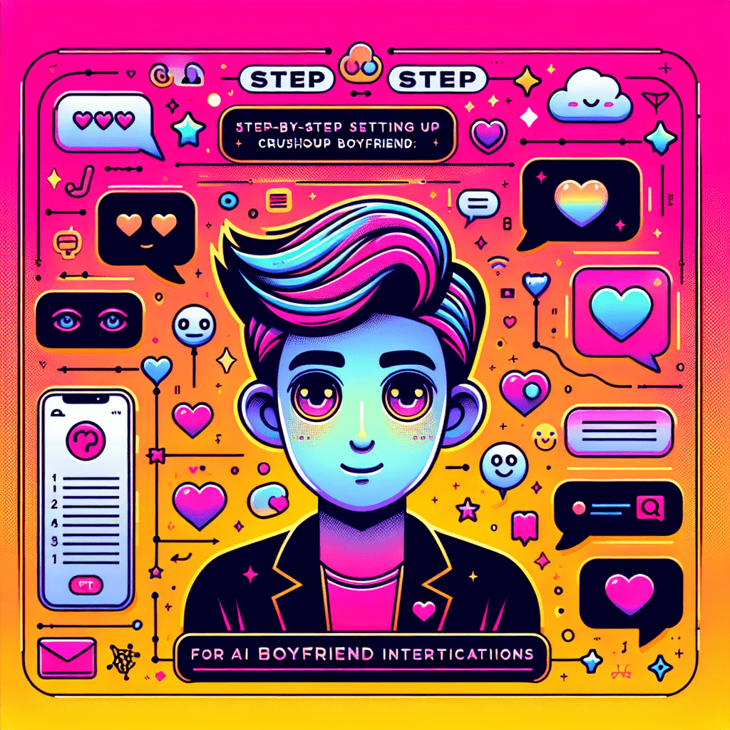 Vibrant featured image for the blog 'Step-by-step guide to setting up Crushon.ai for AI boyfriend interactions', featuring a cartoonish AI boyfriend character in a Neon Pink and Bright Yellow gradient background, surrounded by playful speech bubbles, hearts, and emojis, with numbered steps illustrating the setup process and additional fun elements like stars and doodles to enhance the youthful vibe.