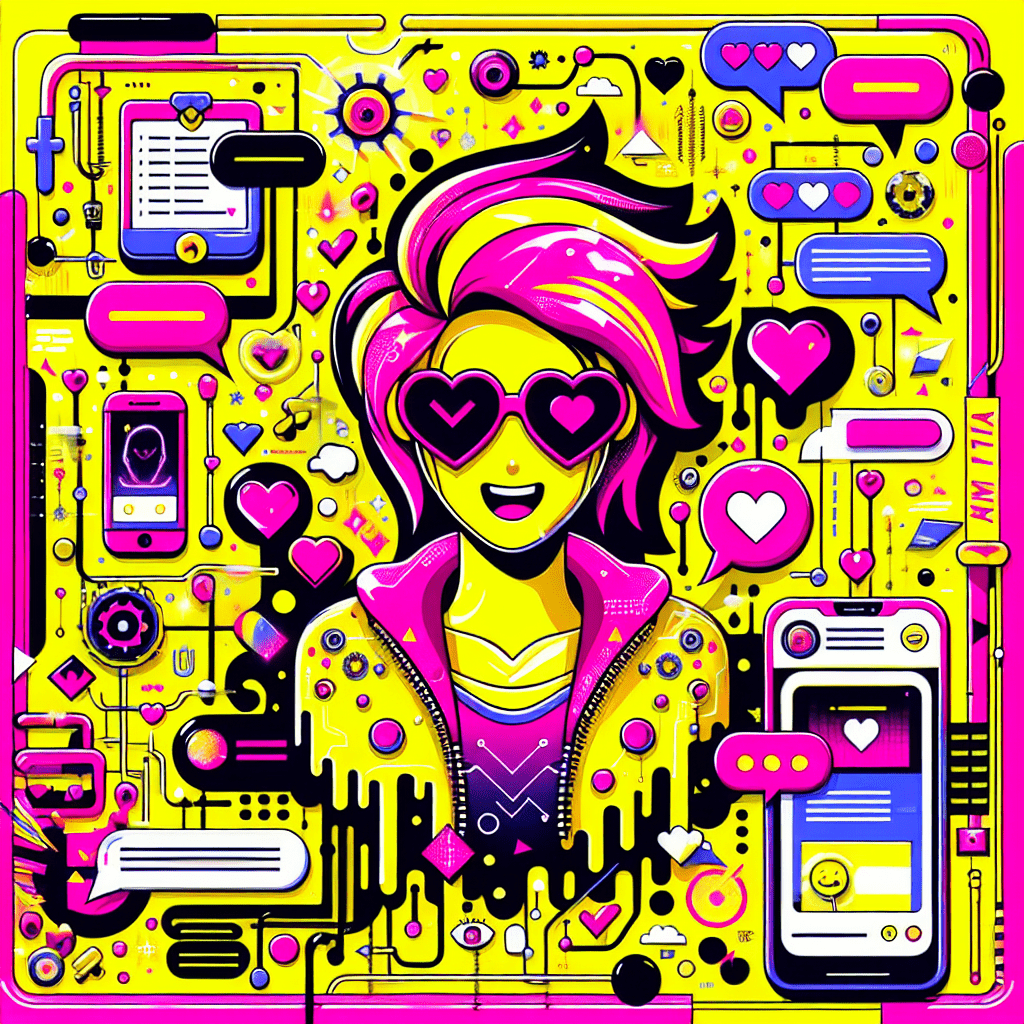 Vibrant image featuring a cartoonish AI boyfriend with neon pink hair and bright yellow attire against a cheerful yellow background. Playful abstract shapes in neon pink and black add movement, while digital icons like hearts and chat bubbles represent AI. The design includes numbered icons for a clear step-by-step guide to setting up DreamGF.ai for AI boyfriend interactions, with bold text overlay emphasizing the blog title.