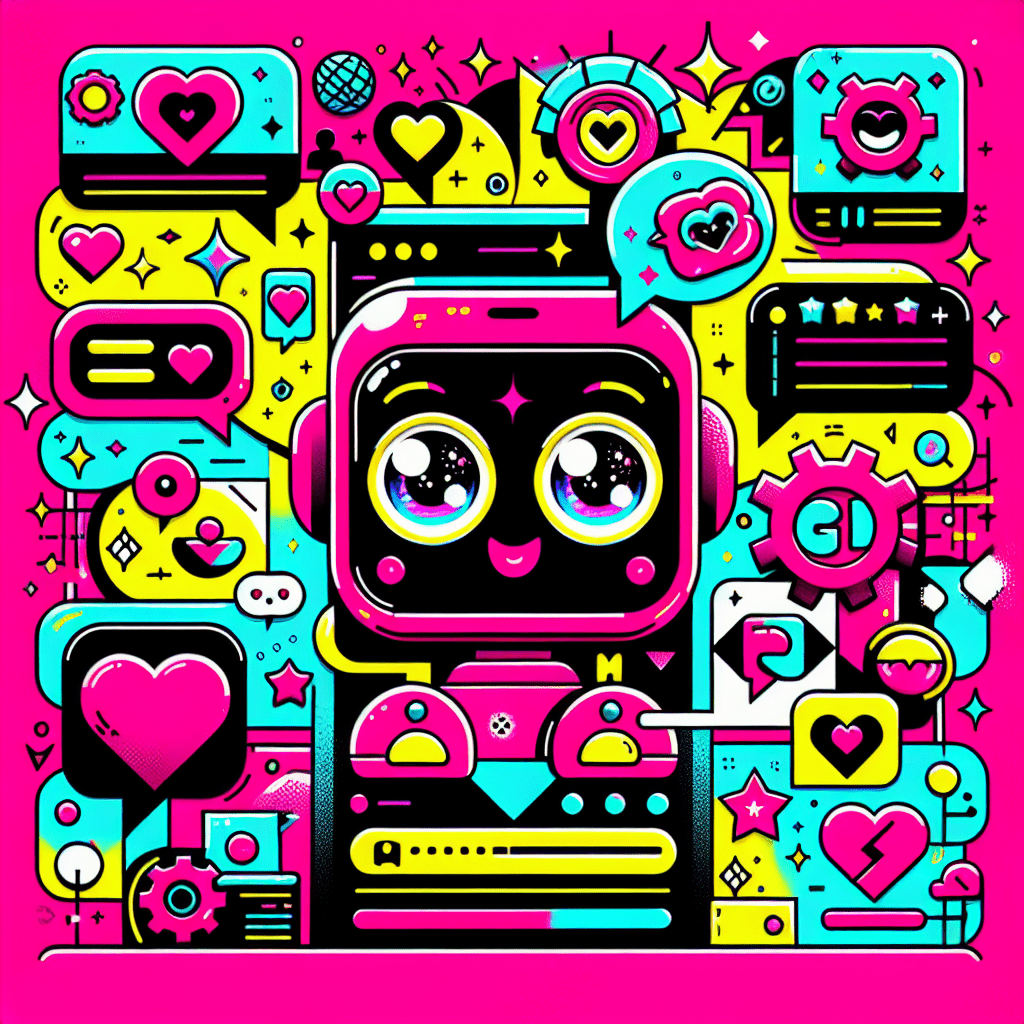 Vibrant pop-art style image featuring a cartoon robot interacting with a smartphone, showcasing hearts, stars, and speech bubbles, accompanied by bold typography reading Step-by-step guide to setting up GirlfriendGPT for AI boyfriend interactions on a bright neon pink and yellow gradient background.