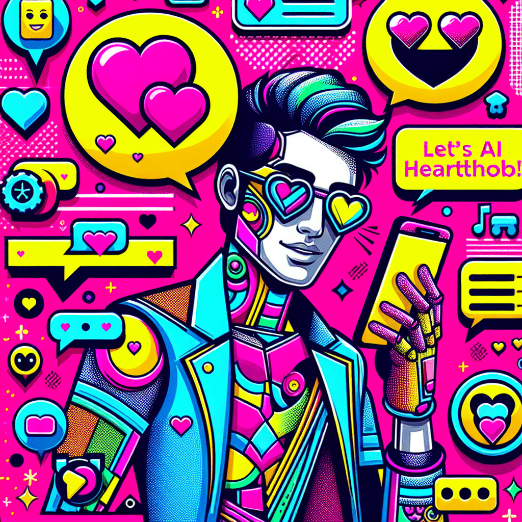 Vibrant pop-art image for a blog titled Step-by-step guide to setting up LovePalz for AI boyfriend interactions, featuring a cute cartoon AI boyfriend with a smartphone, playful hearts and emojis, and bold numbered steps in a bright neon pink and yellow color scheme, embodying a youthful, engaging aesthetic.