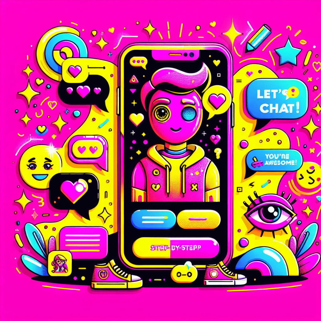 Vibrant illustration for the blog 'Step-by-step guide to setting up Muah.ai for AI boyfriend interactions', featuring a large cartoon smartphone displaying the Muah.ai interface, surrounded by playful personalization elements like stars and hearts, and a whimsical AI boyfriend character, all set against a bright Neon Pink background with Bold typography.