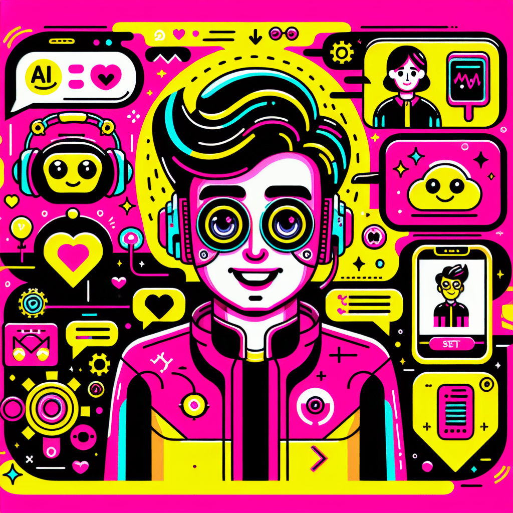 Vibrant illustration for a blog titled Step-by-step guide to setting up ProjectX.AI for AI boyfriend interactions featuring a playful cartoon AI boyfriend character with a smiling face, surrounded by icons like hearts and chat bubbles against a neon pink background, highlighting the steps "Connect," "Customize," and "Chat Now" in a fun pop-art style.