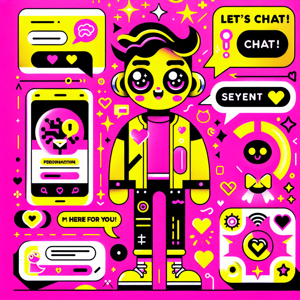 Bright pink background featuring a cartoonish AI boyfriend character in a yellow outfit with black accents, surrounded by colorful dialogue bubbles stating “Let’s chat!” and “I’m here for you!” The bottom displays playful step icons: a phone with the Replika app, a heart symbol for personalization, and a brain symbol representing AI. The image captures the essence of fun and personalization in the Step-by-step guide to setting up Replika for AI boyfriend interactions.