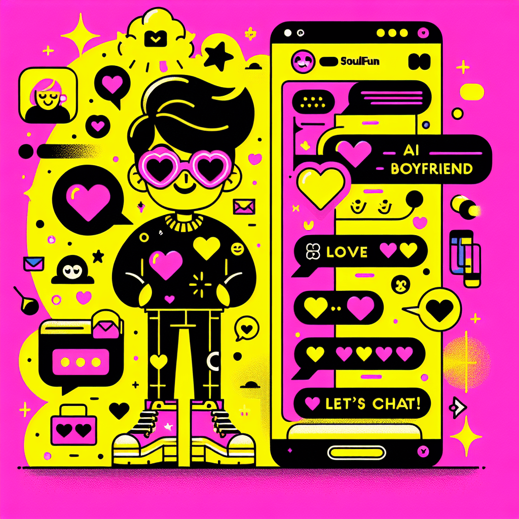 Vibrant cartoon image representing an AI boyfriend with oversized glasses and playful hairstyle against a bright yellow background, holding a smartphone displaying heart emojis and chat bubbles. Includes a thought bubble with colorful icons and the text "Let's Chat!" surrounded by stars and hearts, with the blog title "Step-by-step guide to setting up SoulFun for AI boyfriend interactions" in bold, cartoonish font.