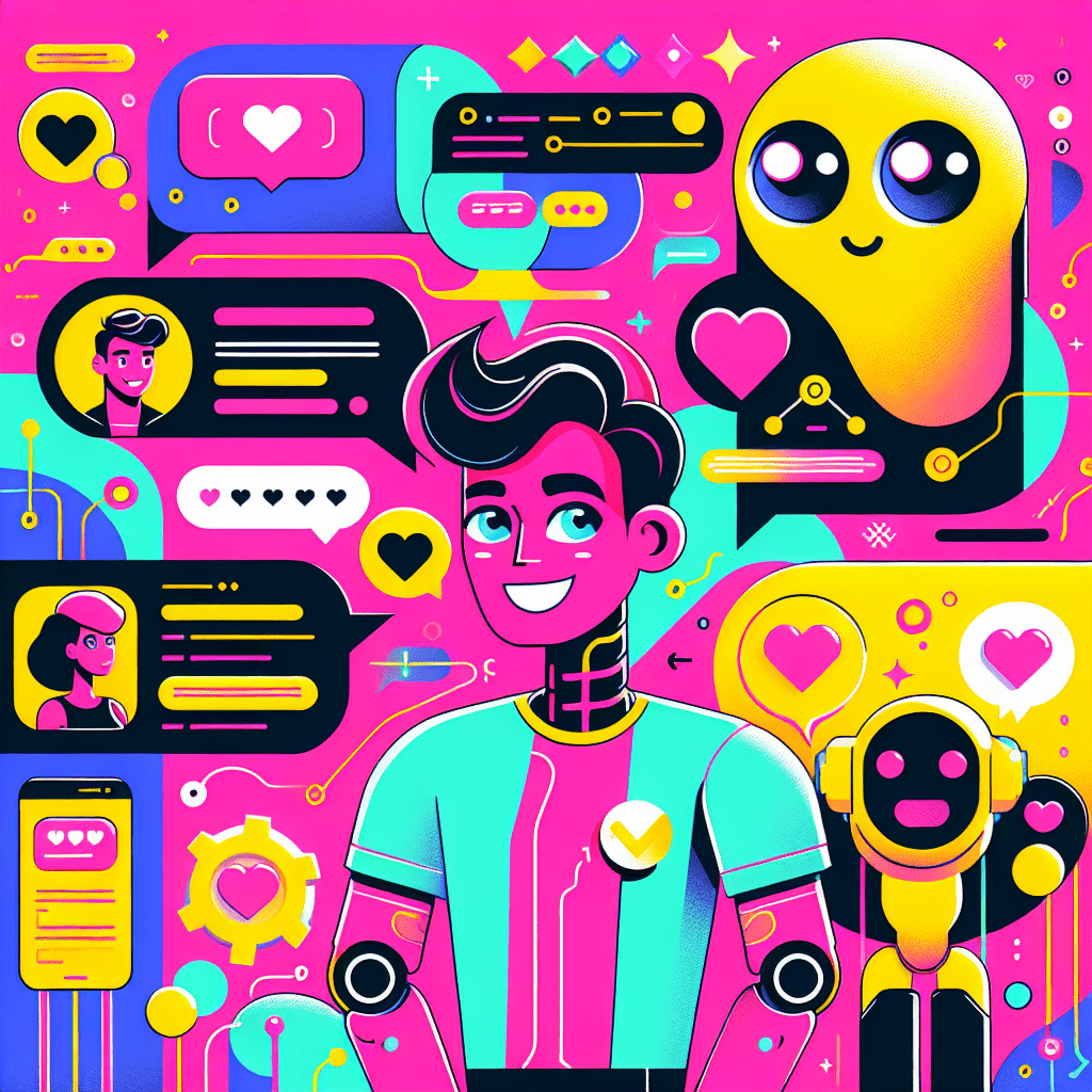 Vibrant featured image for a blog titled Step-by-step guide to setting up SpicyChat for AI boyfriend interactions, featuring a cartoon AI boyfriend with a friendly face, playful speech bubbles, and colorful tech icons against a bright neon pink background with abstract shapes.