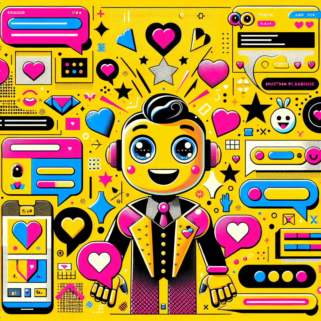 Vibrant image featuring a cartoon AI boyfriend with a friendly expression against a bright yellow background, surrounded by playful pop-art patterns, digital icons like heart emojis and chat bubbles, and colorful numbered banners, symbolizing the step-by-step guide to setting up Virtual Mate for AI boyfriend interactions. Bold typography reinforces the interactive theme.