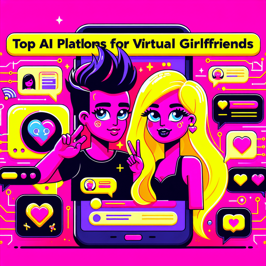 Vibrant cartoon-style image of AI girlfriend with bright yellow hair and AI boyfriend with spiky black hair, set against a neon pink background. The characters are surrounded by playful AI-themed icons and heart emojis, promoting excitement about the blog 'Top AI Platforms for Virtual Girlfriends: AI Boyfriend and DreamGF.ai'.